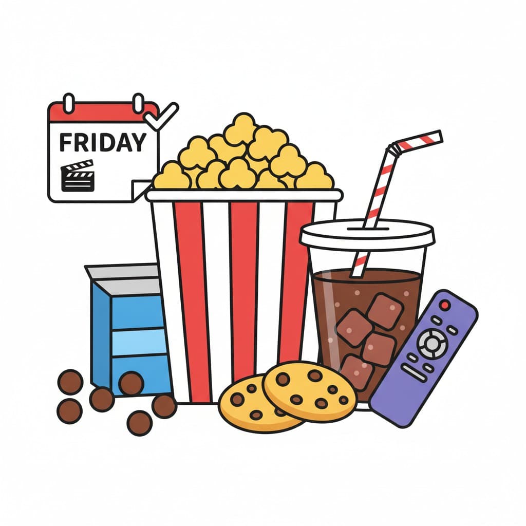 Popcorn, läsk, kakor och en fjärrkontroll bredvid en fredagskalender.