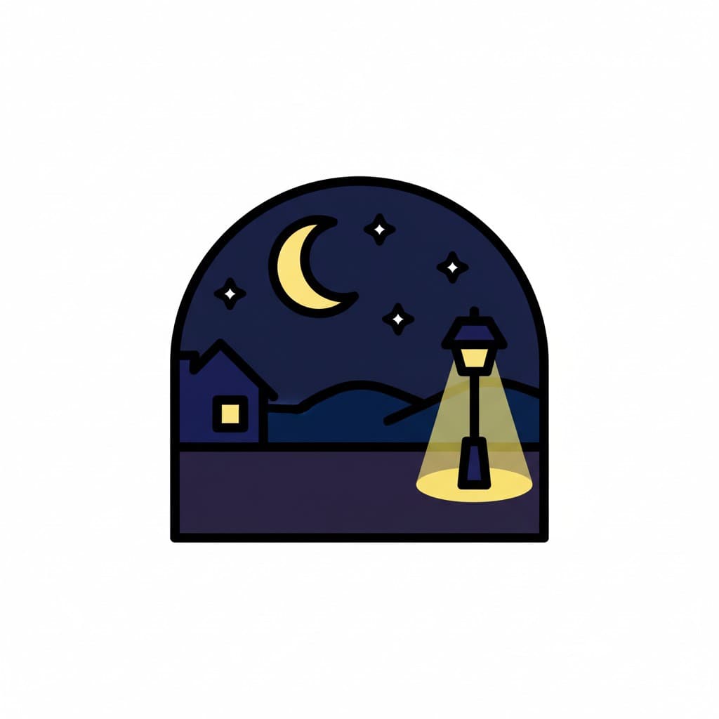 An illustration of a night scene with a dark sky, a crescent moon, stars, a house, and a lit street light.