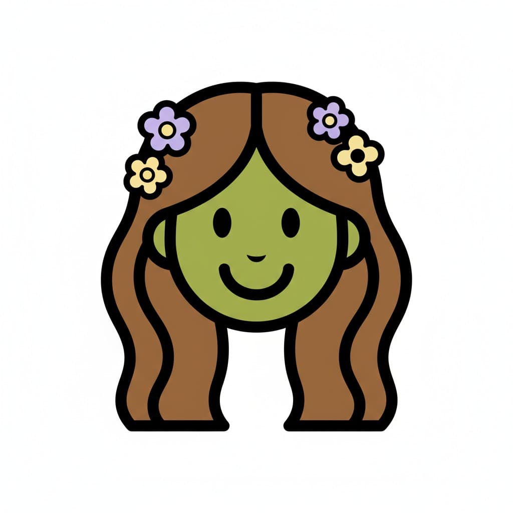 A cartoon image of a girl with brown hair and flowers in her hair.