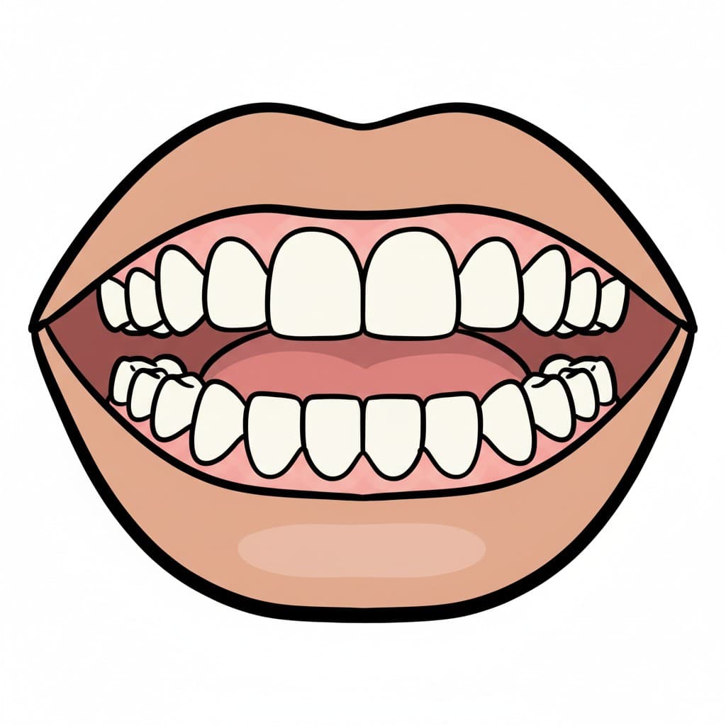 A cartoon illustration of an open mouth with white teeth.