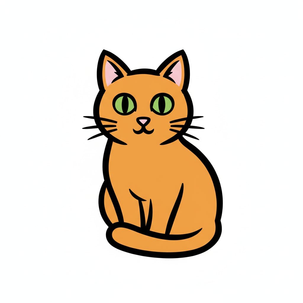 A cartoon orange cat with green eyes sits facing forward.