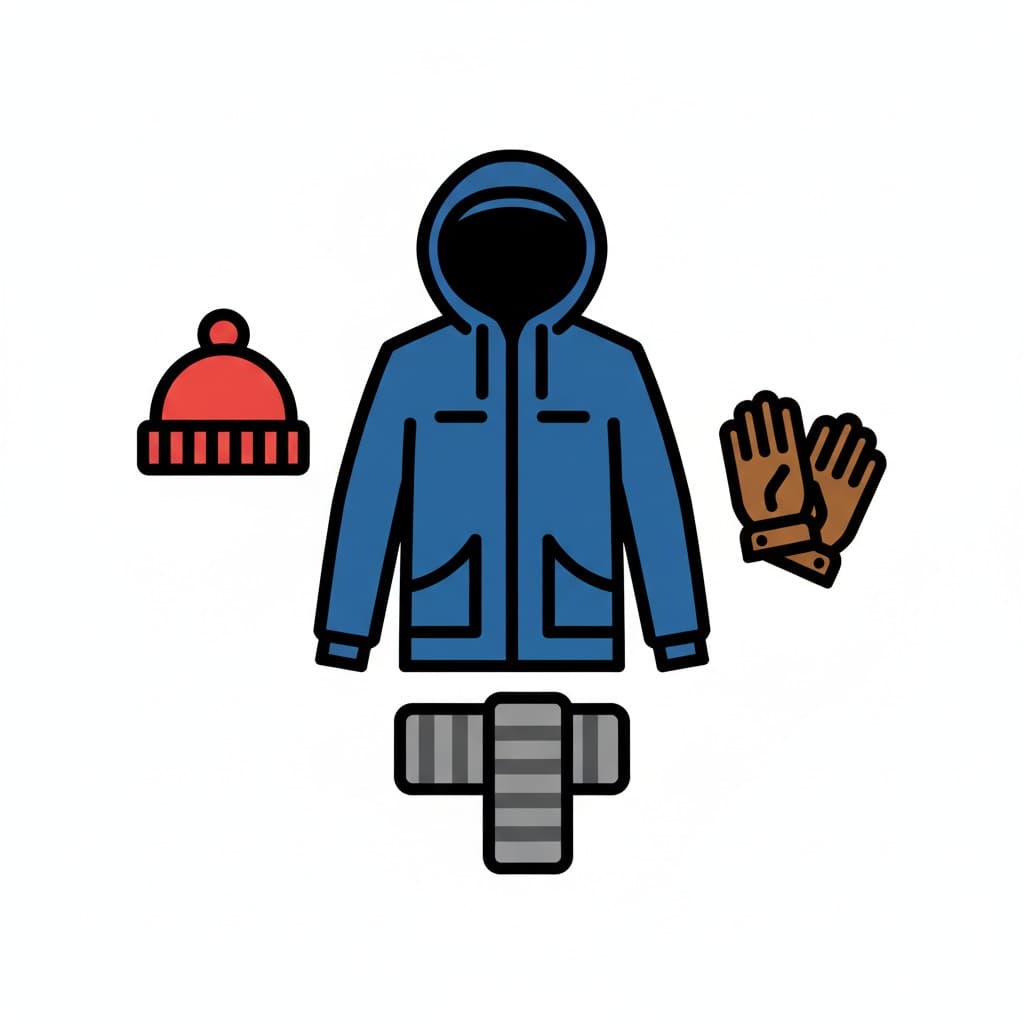 En blå vinterjacka, en röd mössa, bruna vantar och en grårandig halsduk arrangerade på en vit bakgrund.