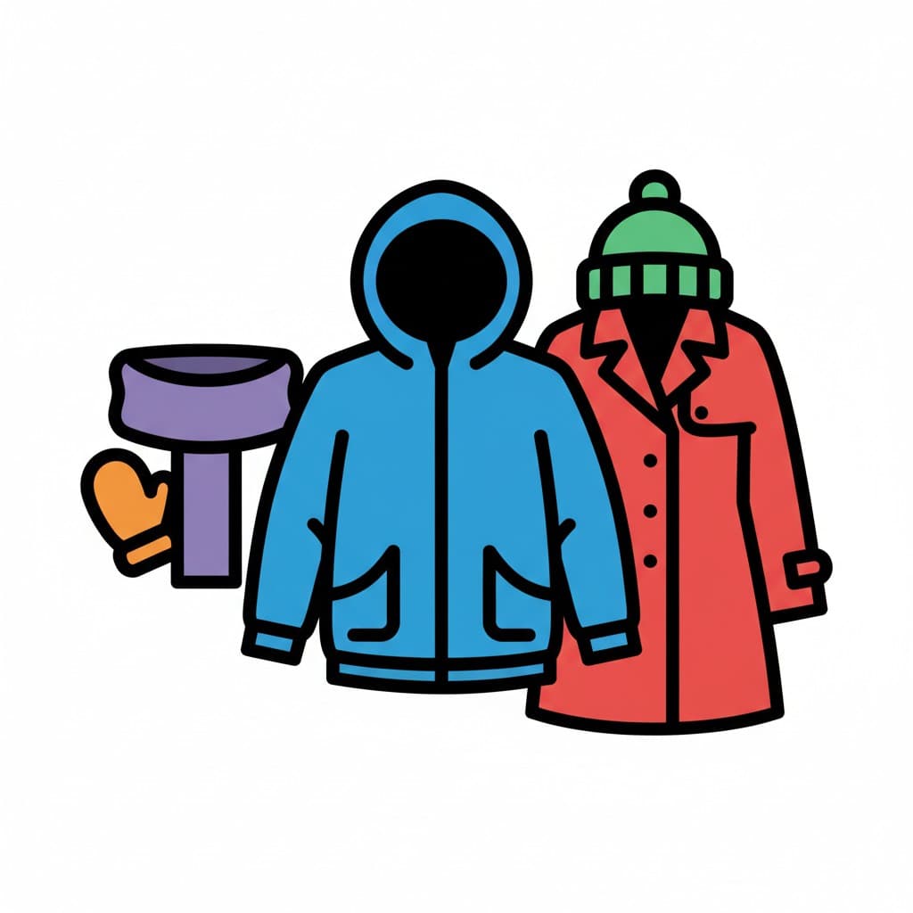 En illustration som visar en blå huvtröja, en röd rock med en grön mössa, en lila halsduk och en orange vante.