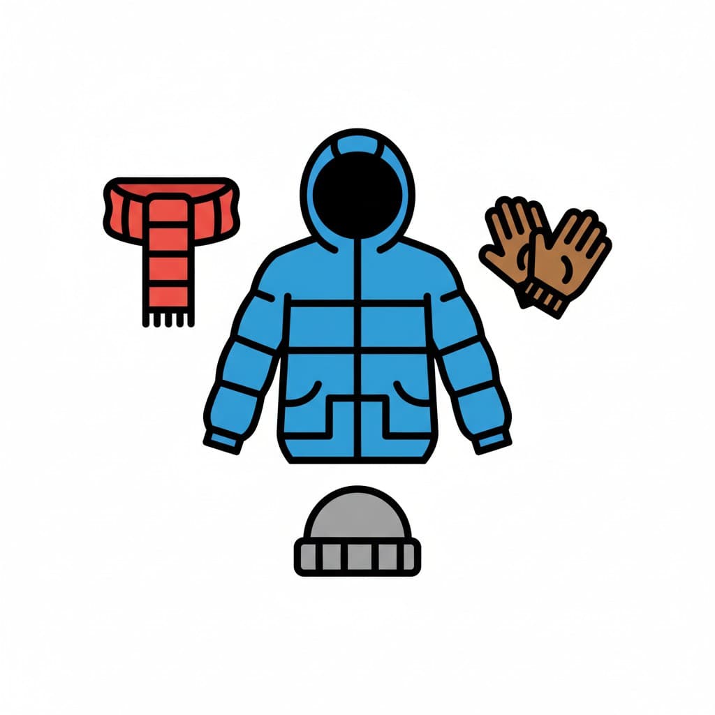 En illustration av en blå vinterjacka, en röd halsduk, bruna vantar och en grå mössa.