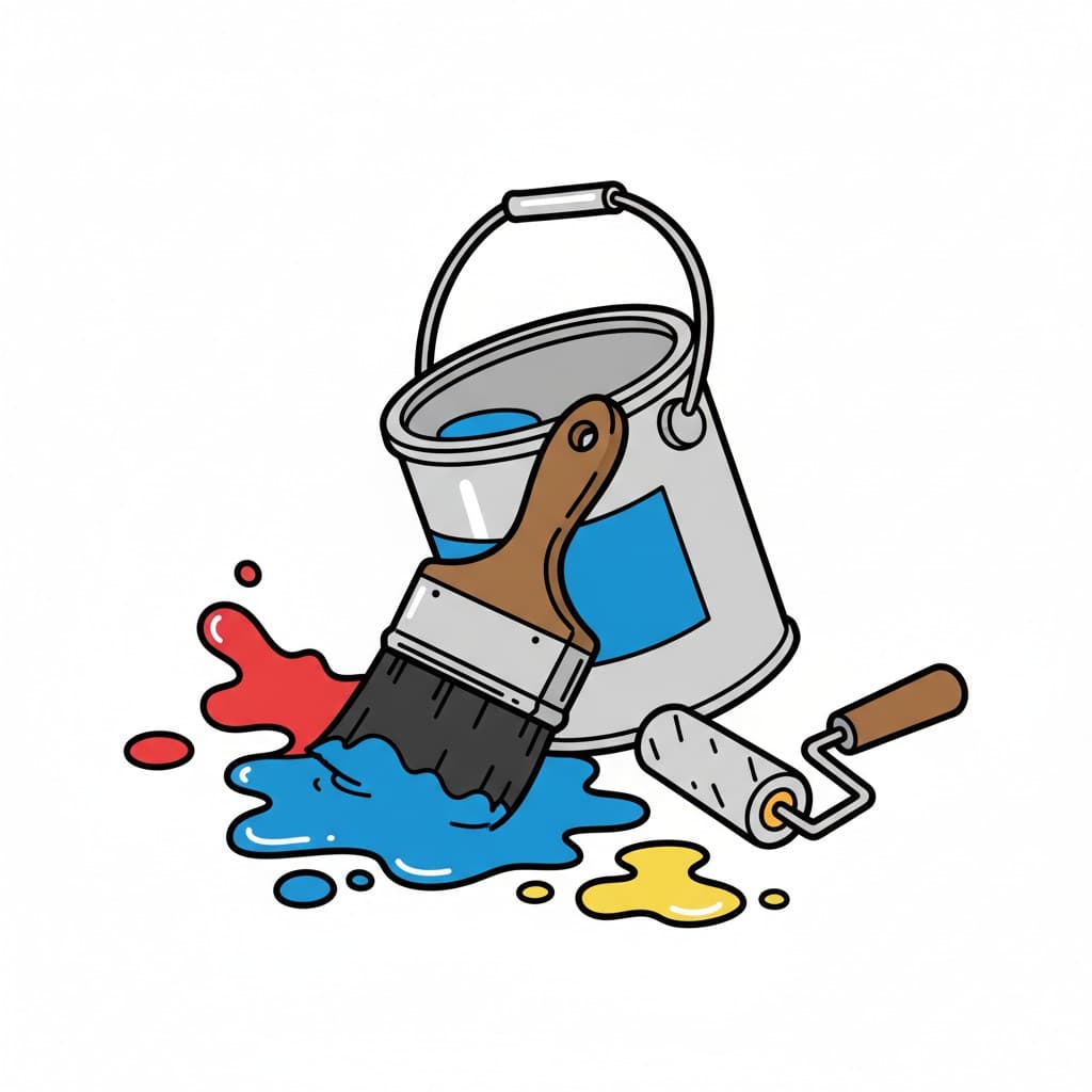 En målarburk, en pensel med blå färg, en målarroller och stänk av röd, blå och gul färg.