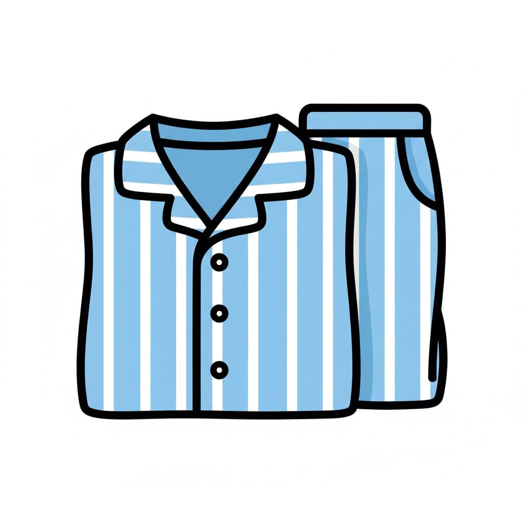Ett ljusblått pyjamasset med vita ränder.