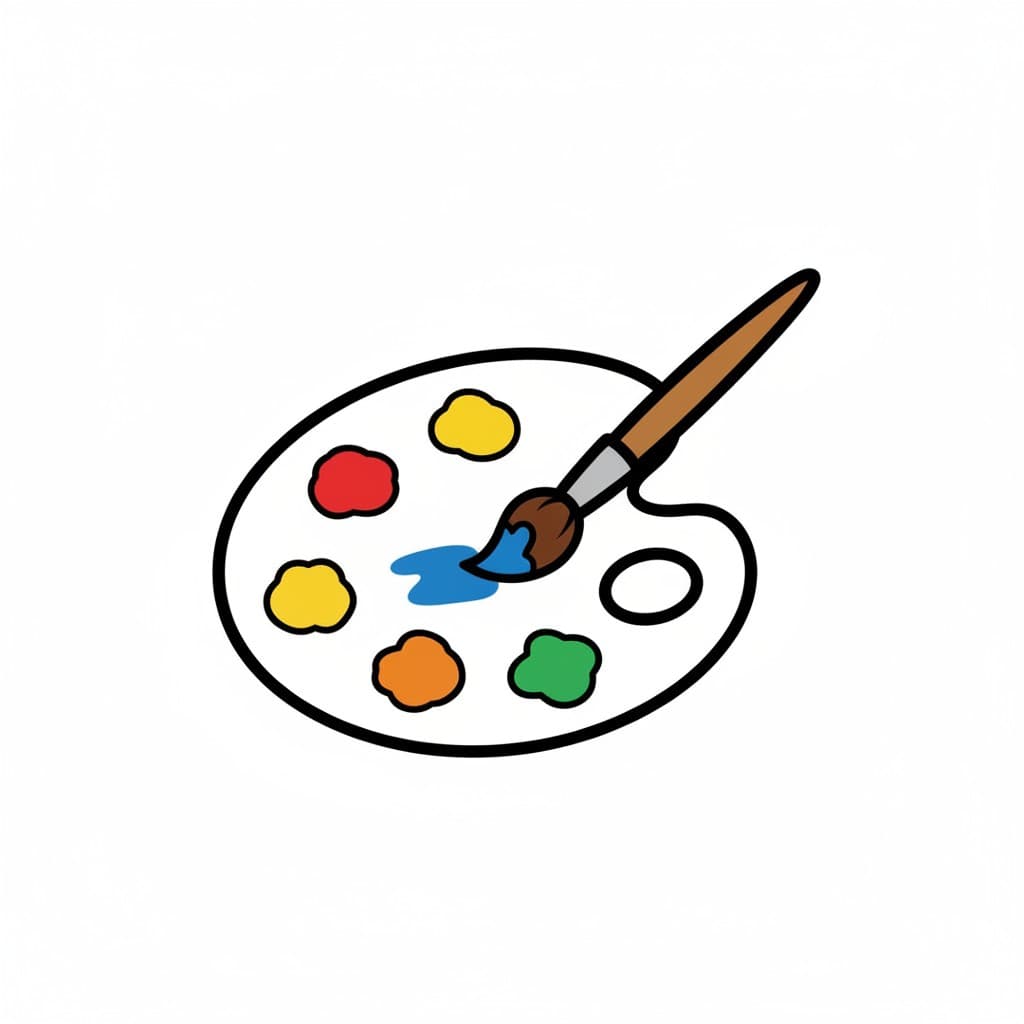 An artist palette holding red, yellow, orange and green paint, with a brush dipped in a smear of blue.