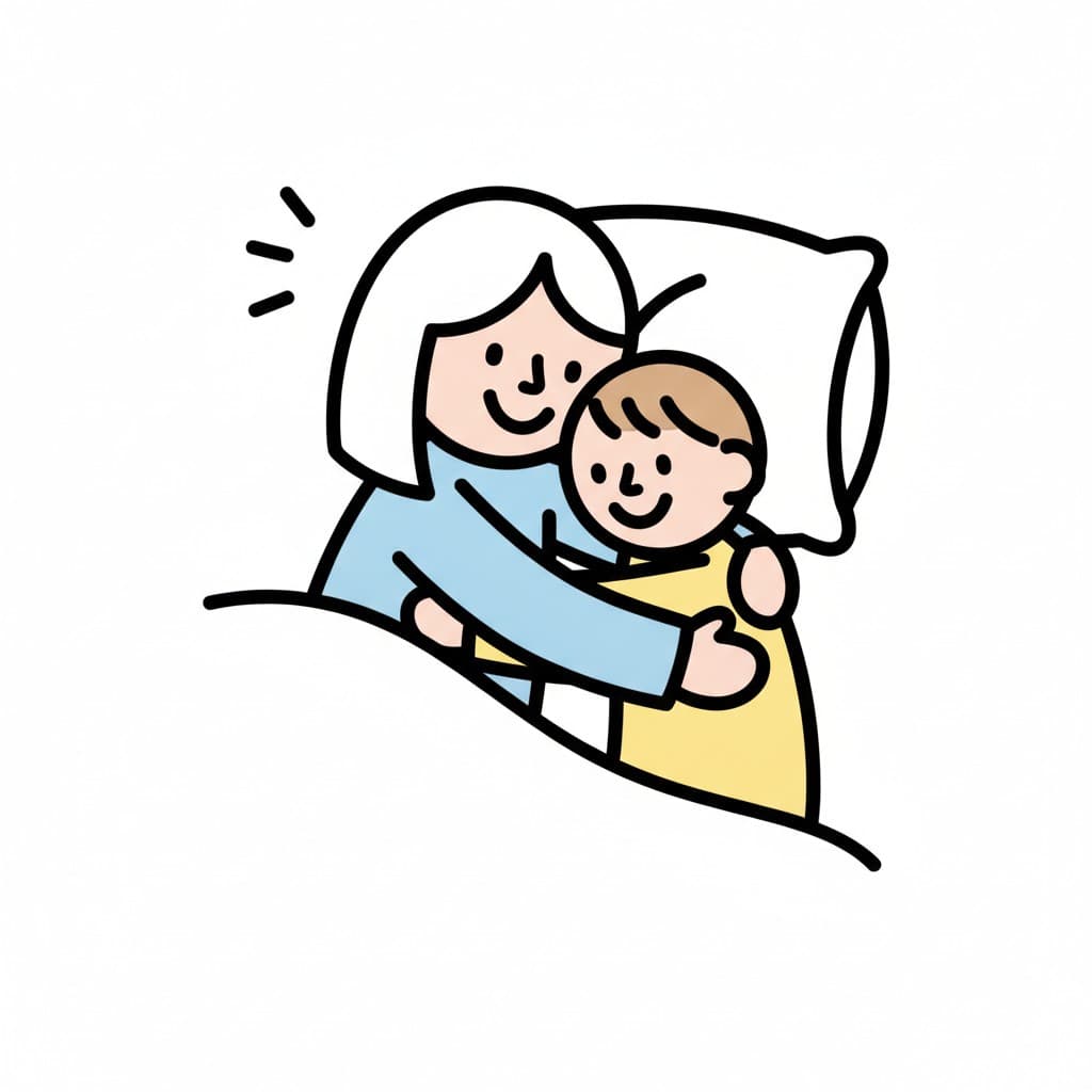 An adult and a child hug and cuddle in bed in the morning.