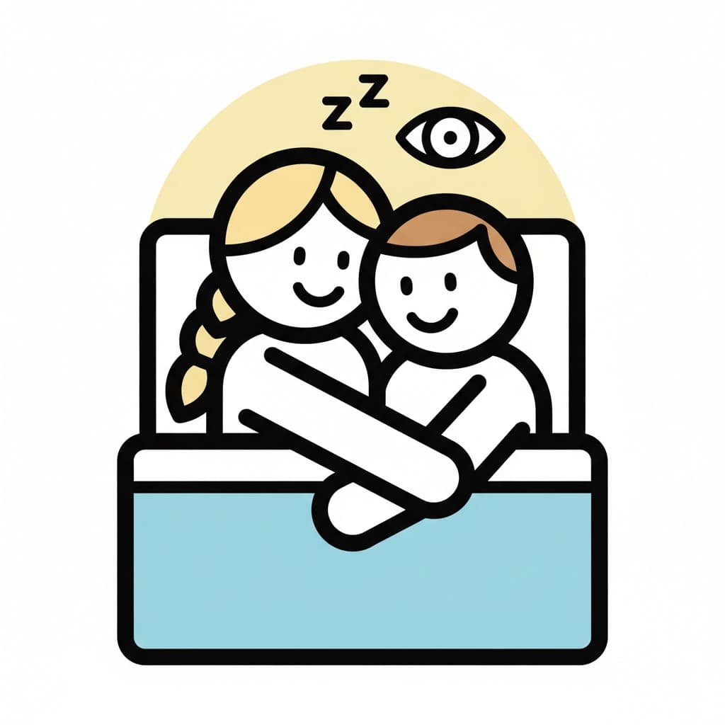 A simple icon of an adult and a child cuddling in a bed at wake-up time.