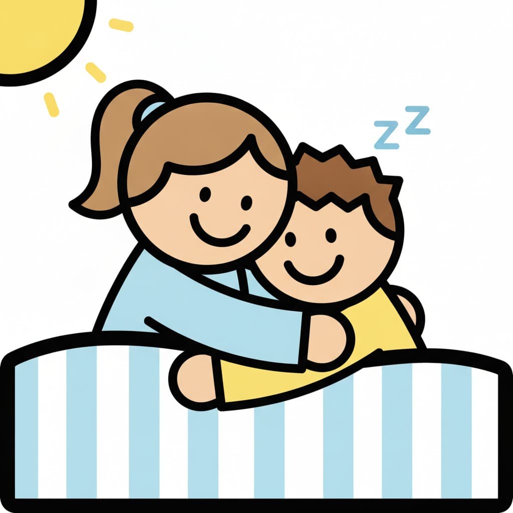 An adult and a child cuddle in bed with the sun above them.