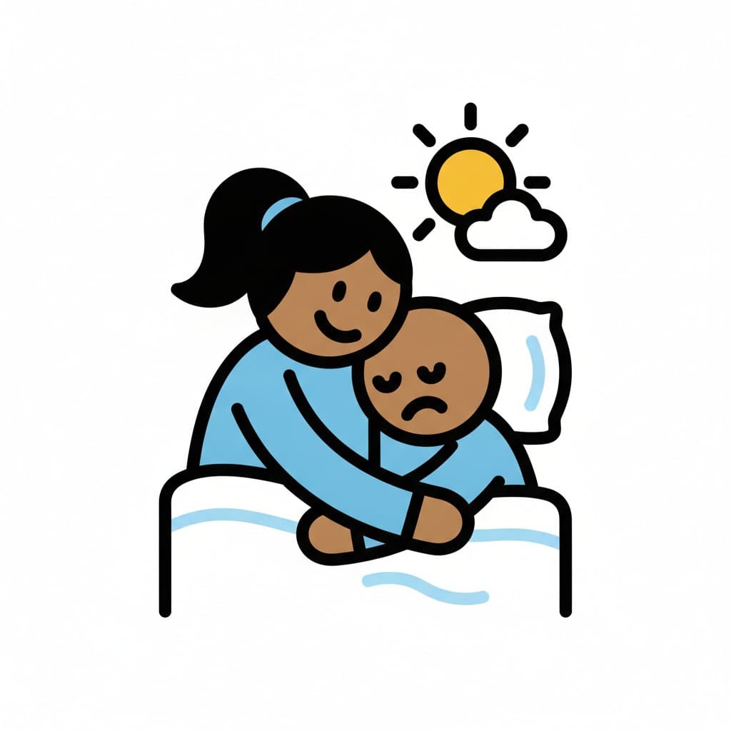 An adult comforts a tired child in bed as the sun rises.