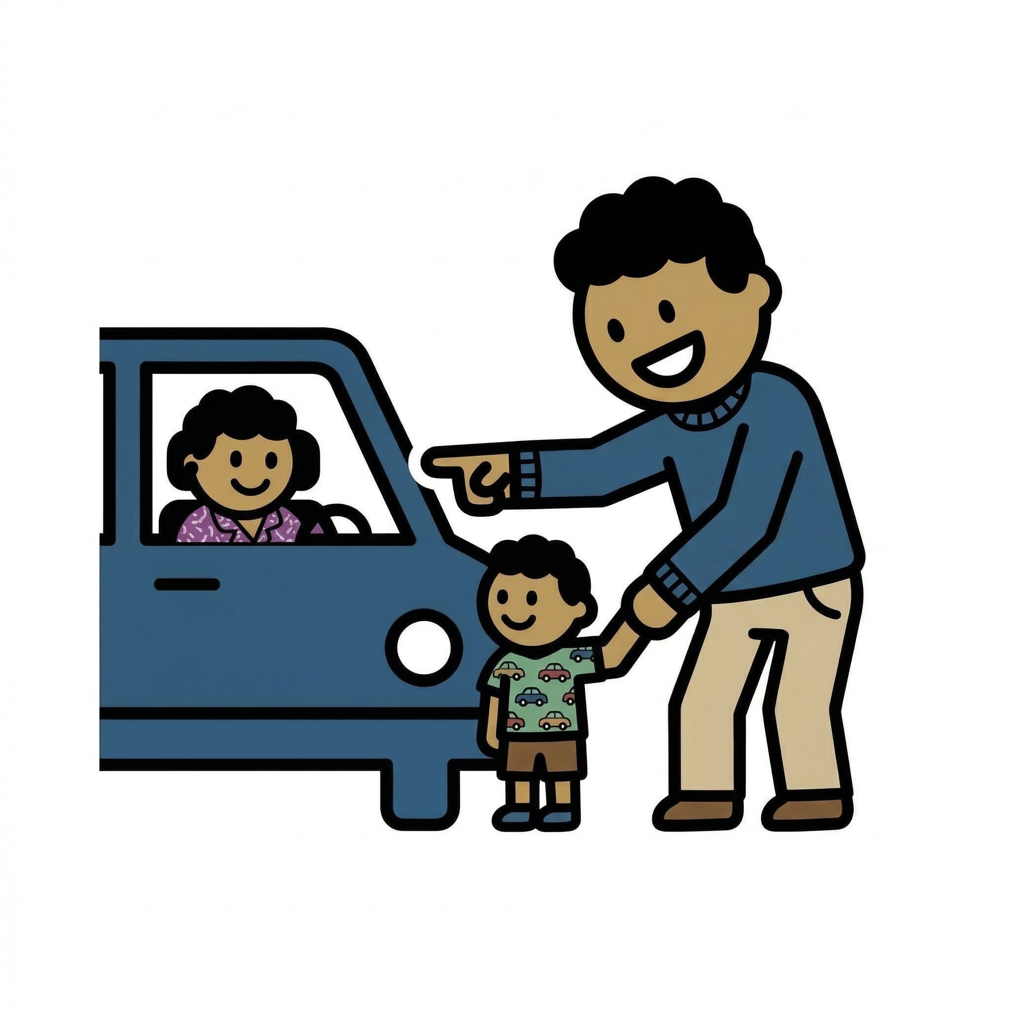 Aikuinen osoittaa sinistä autoa, kun lapsi pitää kiinni aikuisen kädestä. Toinen lapsi on auton sisällä.