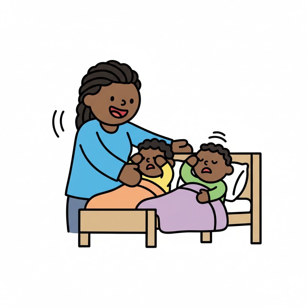 A parent stands by a bed, waking two children who are lying in bed. The children look sleepy and rub their eyes.