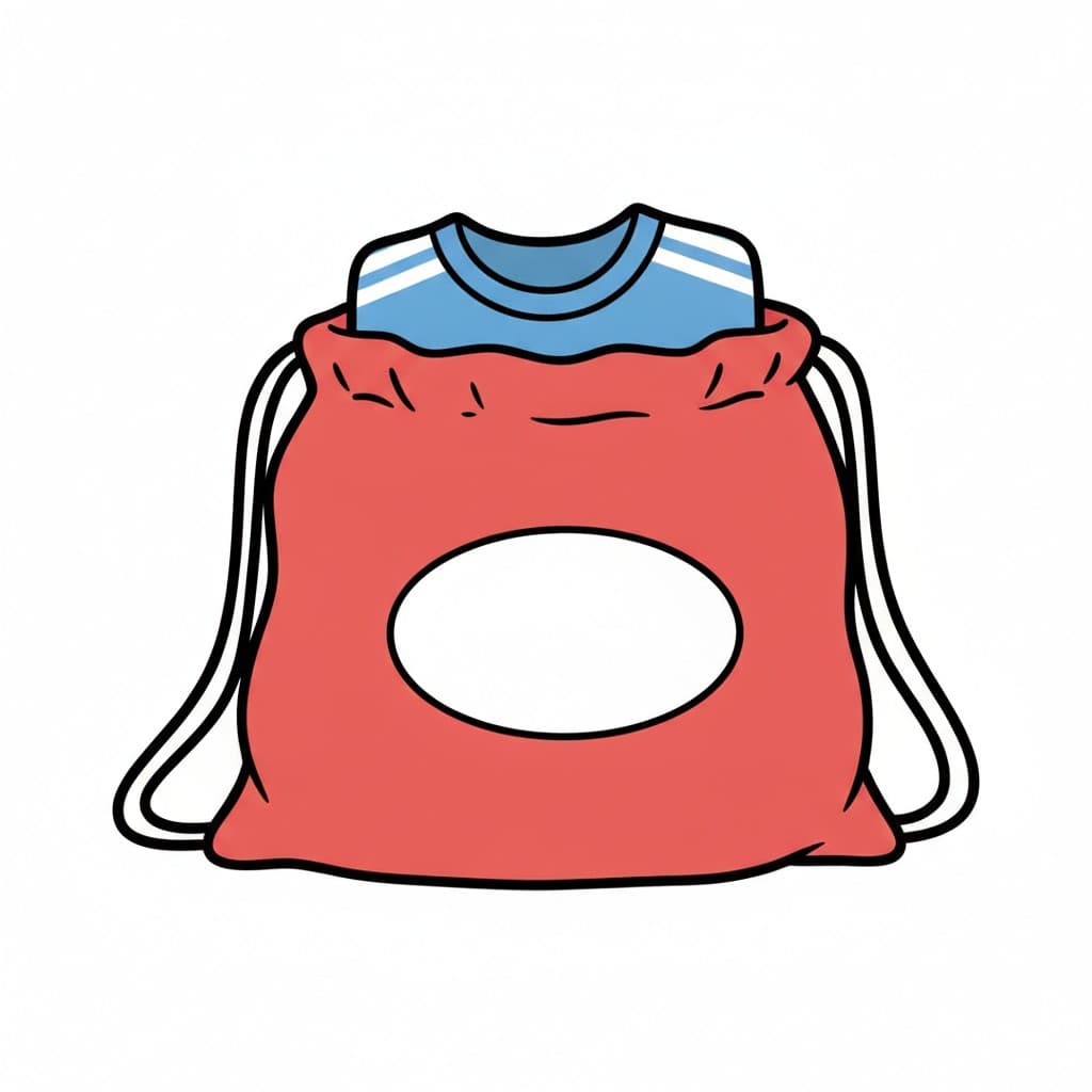 A red drawstring PE bag with a blue long sleeve shirt poking out of the top.