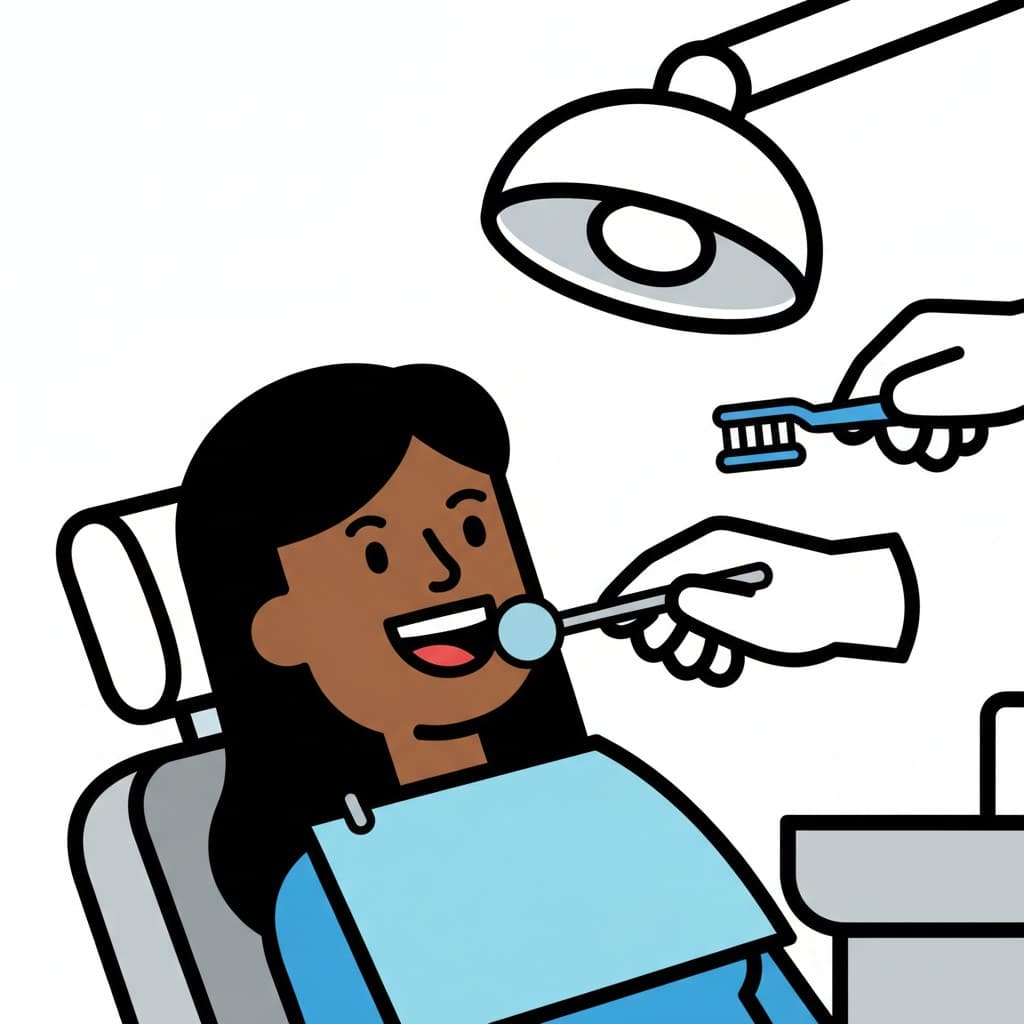 A person sits in a dentist's chair with an open mouth as a dentist uses a mirror to examine their teeth. A light shines down and a toothbrush is visible.