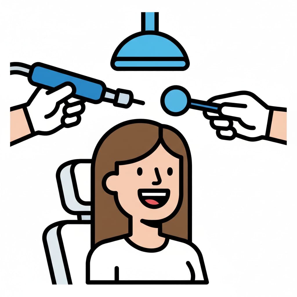 En person sitter i en tandläkarstol med öppen mun, medan två händer i handskar håller en borrmaskin och en tandspegel ovanför munnen. En lampa lyser upp ovanifrån.