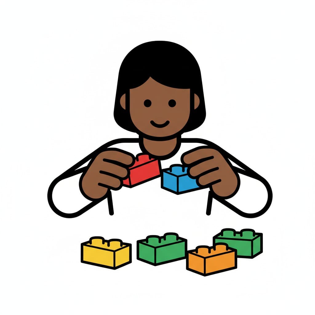 En person håller röda och blå Lego-klossar, med gula, gröna och orangea klossar liggandes på bordet.