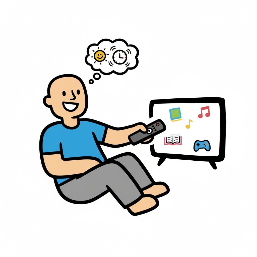 En person sitter glatt med en fjärrkontroll och tittar på en skärm med alternativ för läsning, musik, spel och dokument. En tankebubbla ovanför huvudet innehåller en sol, en smiley och en klocka, vilket indikerar att välja aktiviteter för fritiden.