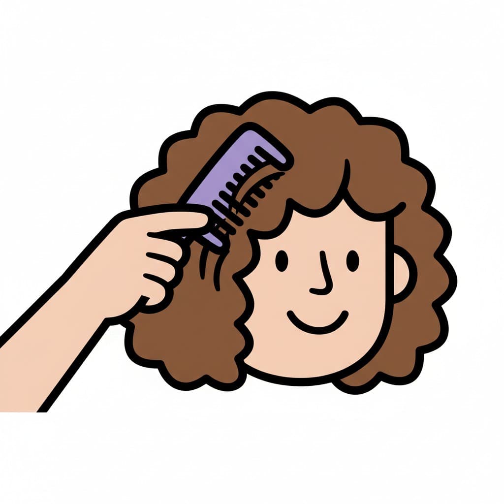A person with curly brown hair combing their hair with a purple comb and smiling.