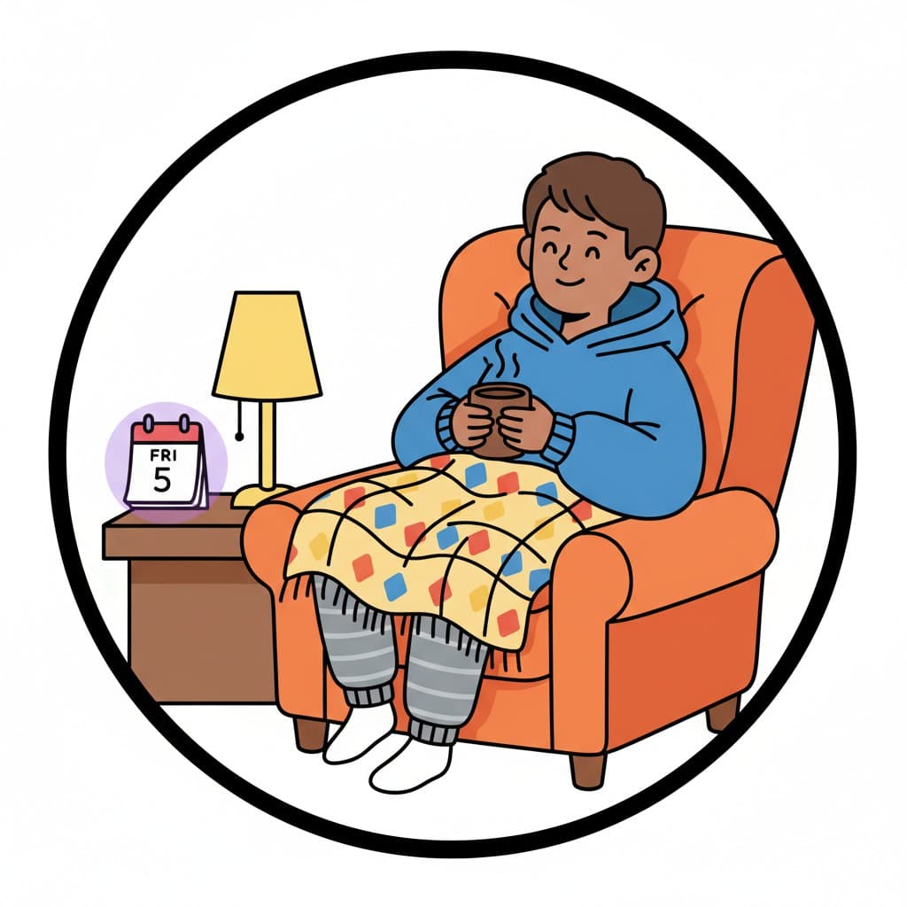 En person sitter bekvämt i en fåtölj, täckt av en mönstrad filt, och håller en ångande mugg. Bredvid dem står ett litet bord med en lampa och en kalender som visar 'FRE 5'.