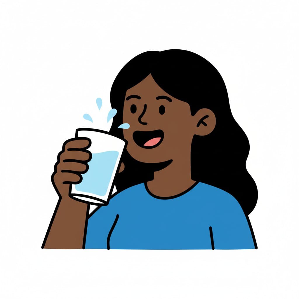 En person dricker vatten ur ett klart glas, med vattenstänk.
