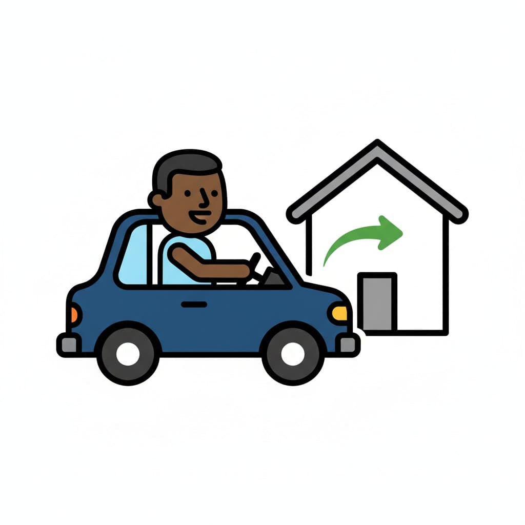 A person drives a blue car towards a house icon with a green arrow pointing towards the house.