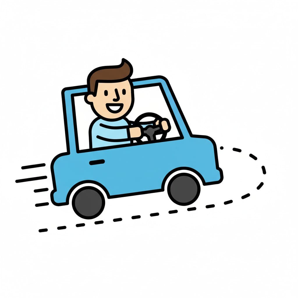 En person kör en blå bil med ratten i händerna. Bilen har streck bakom sig som indikerar rörelse.