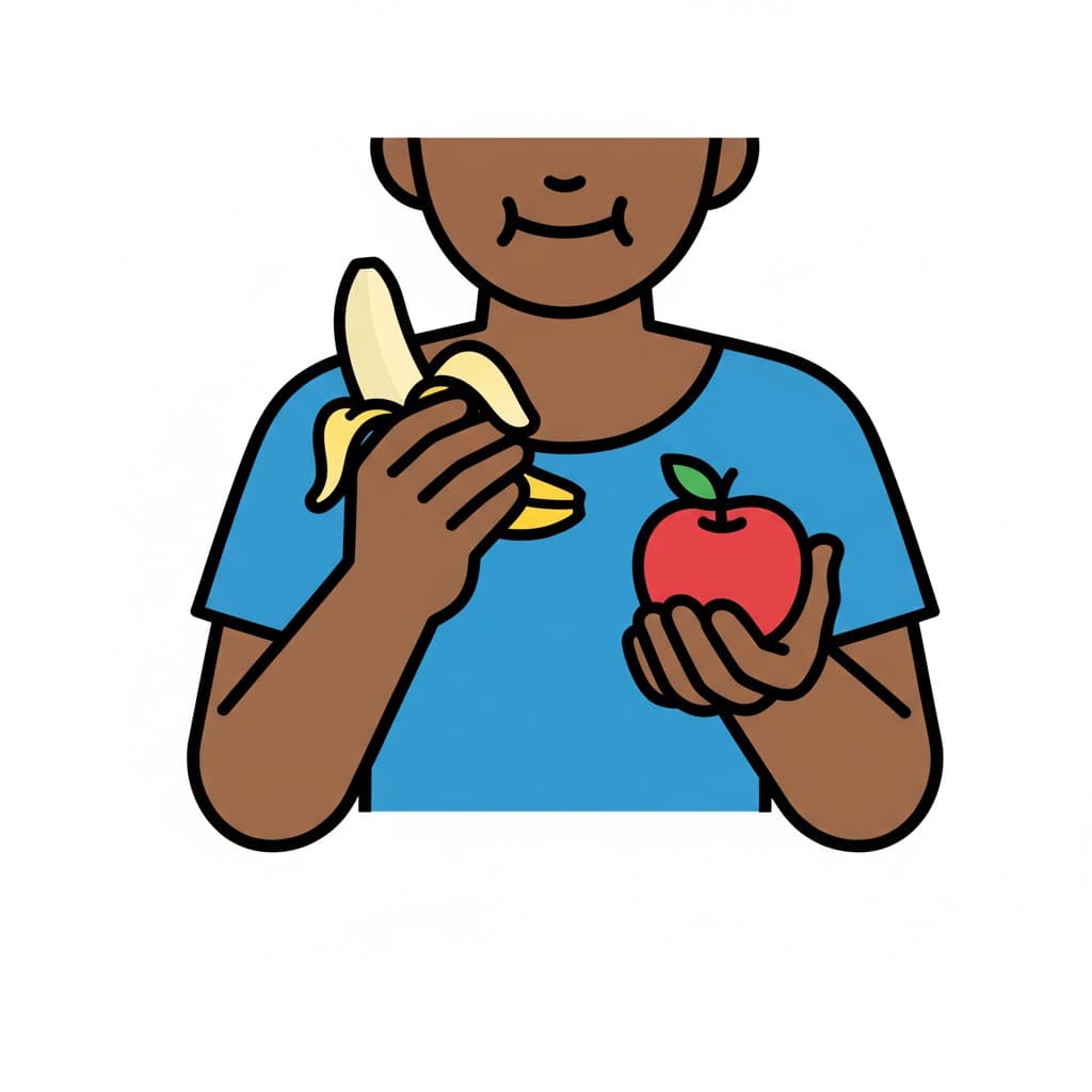 En person holder en banan og et rødt eple. Personen holder den skrelte bananen i den ene hånden og eplet i den andre.