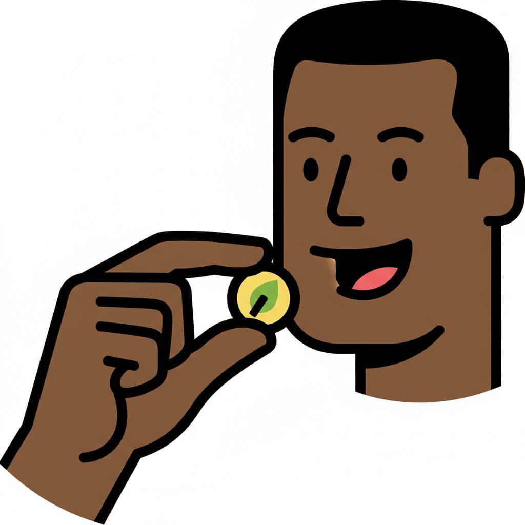 A person's face with an open mouth, putting a small, leaf-shaped vitamin into their mouth with two fingers.