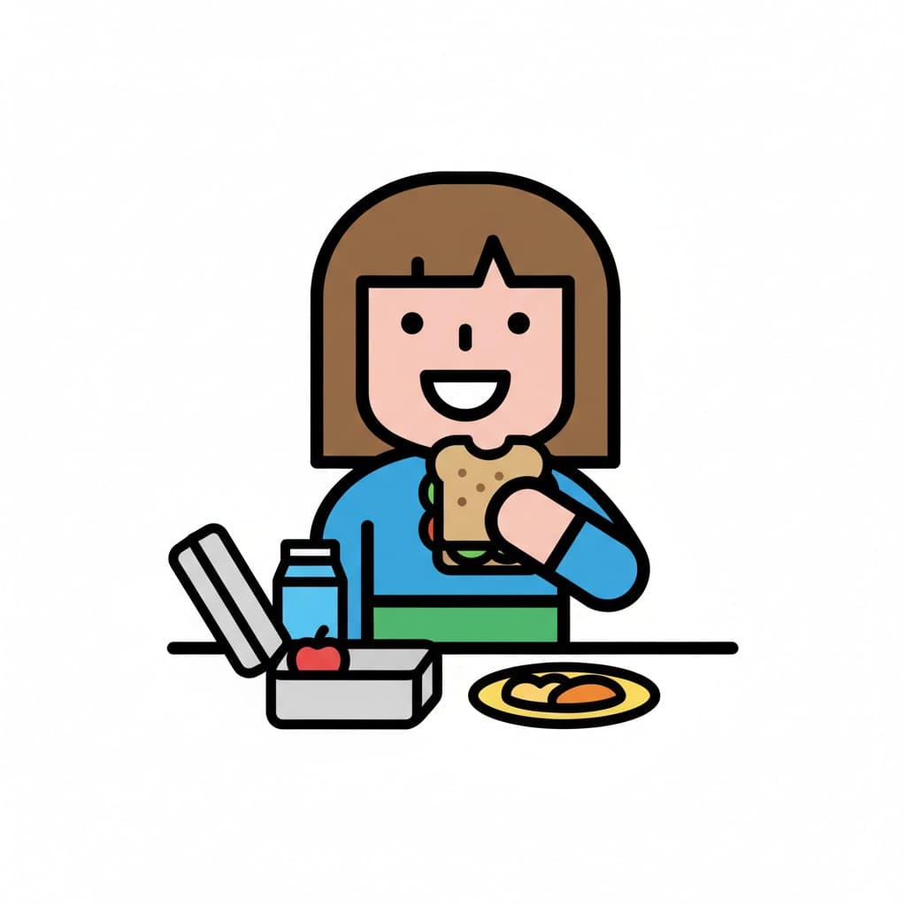 A person eating a sandwich at a table with a lunchbox and a drink.