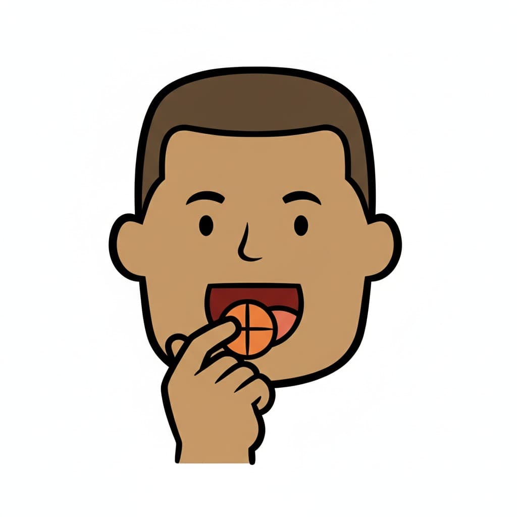 A person's face with an open mouth, putting a small, round vitamin into their mouth with a finger.