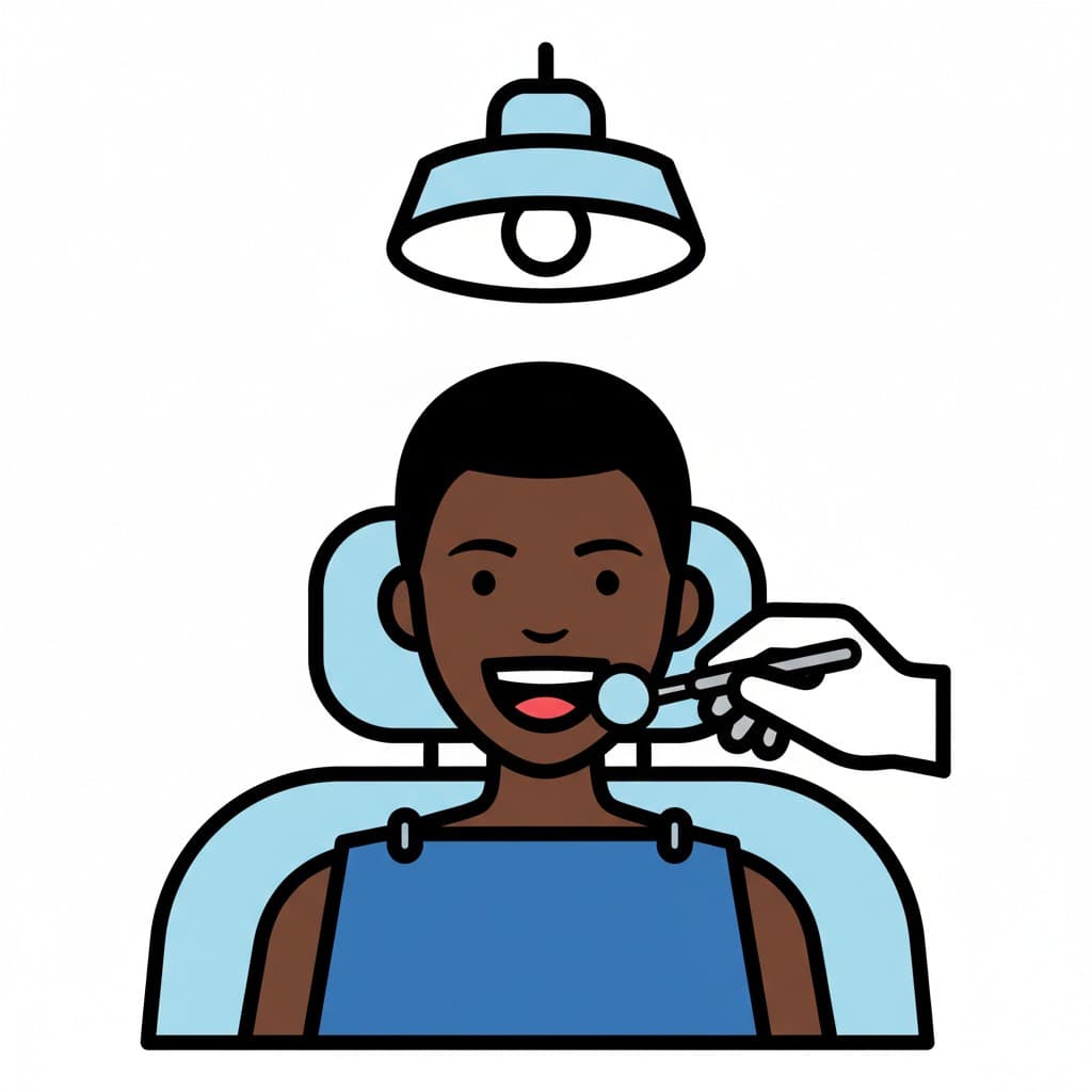 A person with an open mouth sits in a dentist's chair. A hand with a dental mirror is visible near the mouth under a bright light.