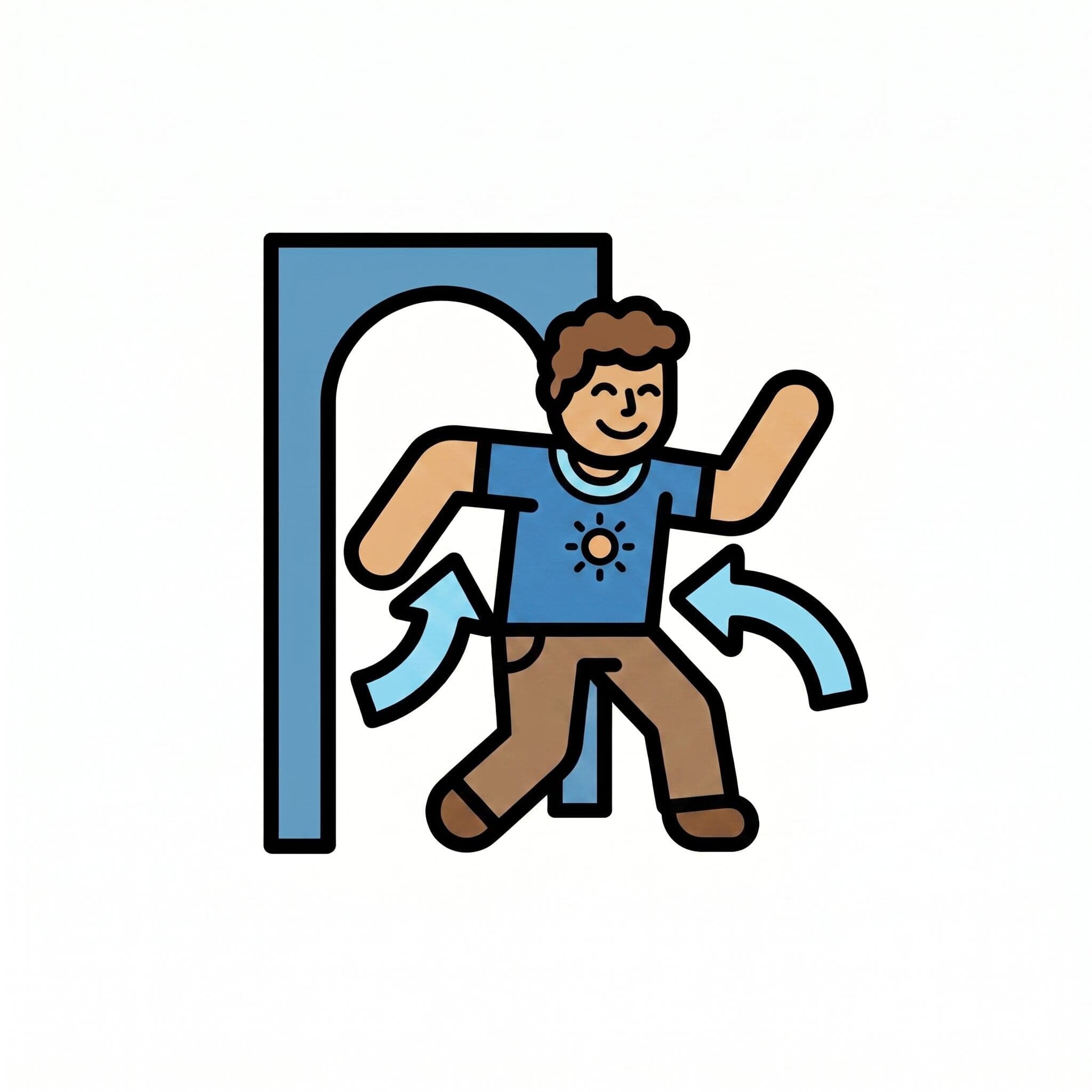 A person with a sad expression walks out through a doorway, with arrows indicating outward movement.