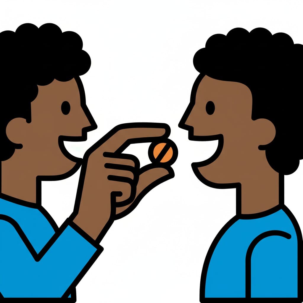 En person ger en orange vitamin till en annan person.