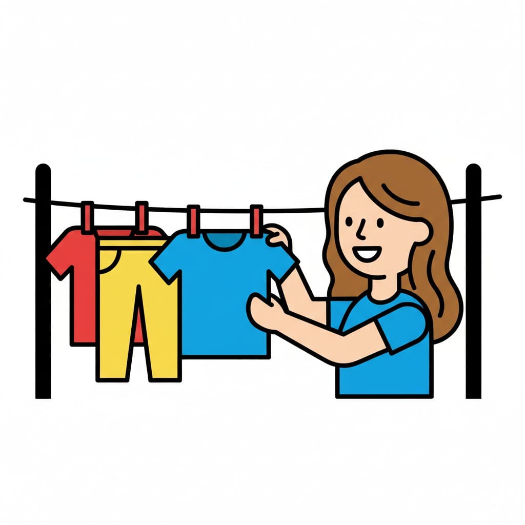 A person is hanging a blue t-shirt on a clothesline with clothespins.