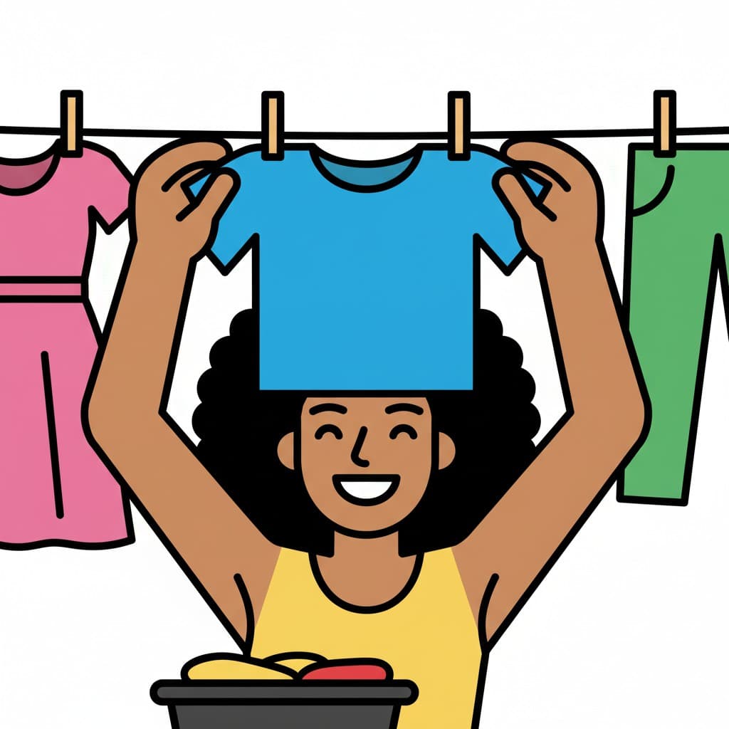 A happy person holds up a blue t-shirt to hang on a clothesline. A laundry basket is visible below.