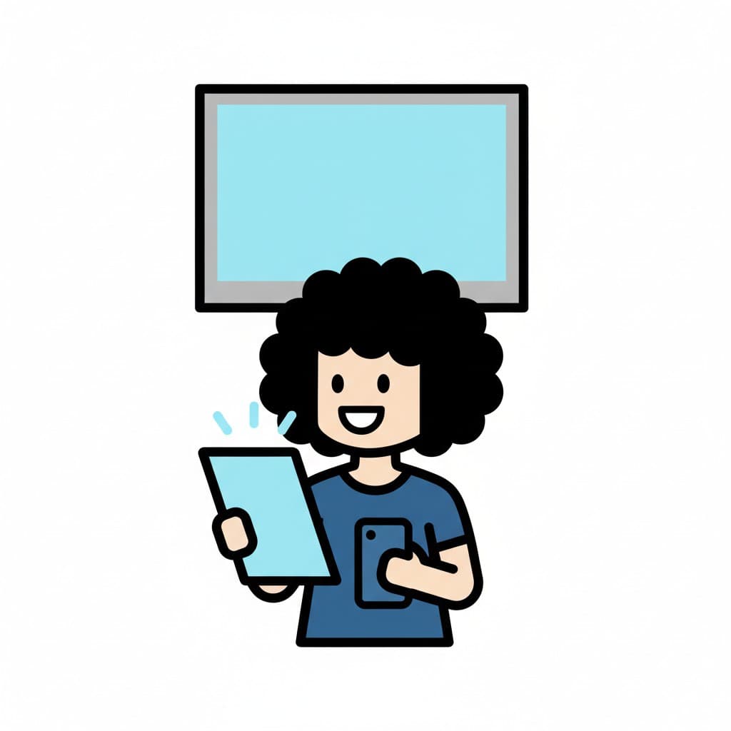 A person is standing in front of a large screen, holding a tablet and a mobile phone.