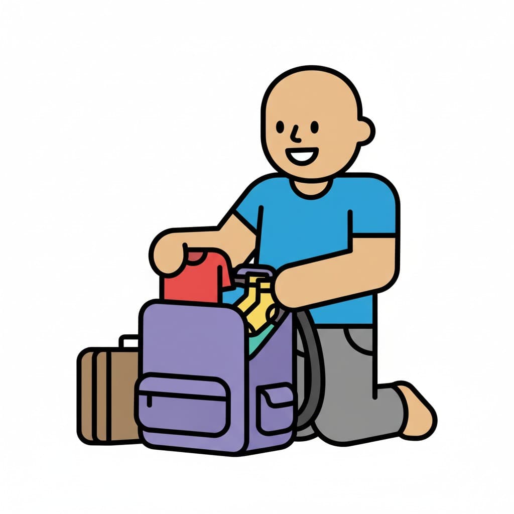 En person knäböjer och packar en lila ryggsäck med kläder, med en brun resväska bredvid.