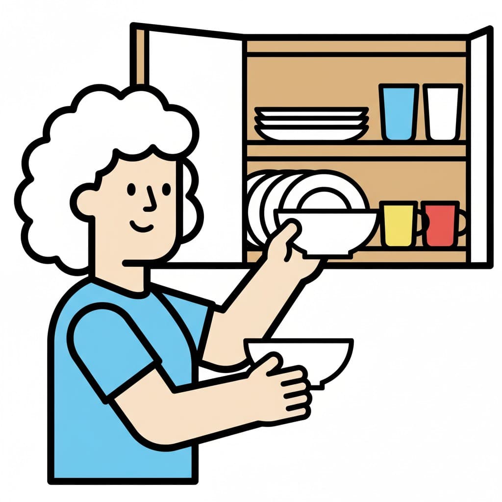 A person is putting plates and bowls into a kitchen cabinet.