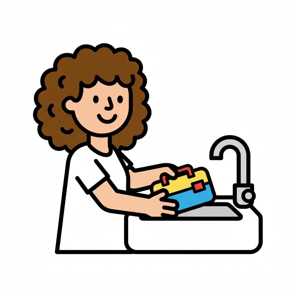 En person med lockigt hår lägger en lunchlåda i en vask.