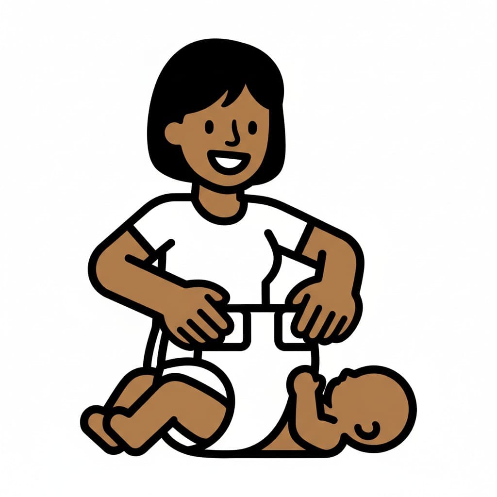 En person tar på en ren bleie på en baby som ligger.