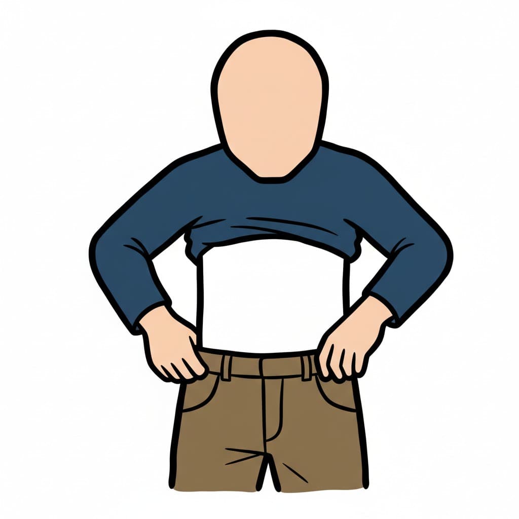 A person pulls on brown pants.