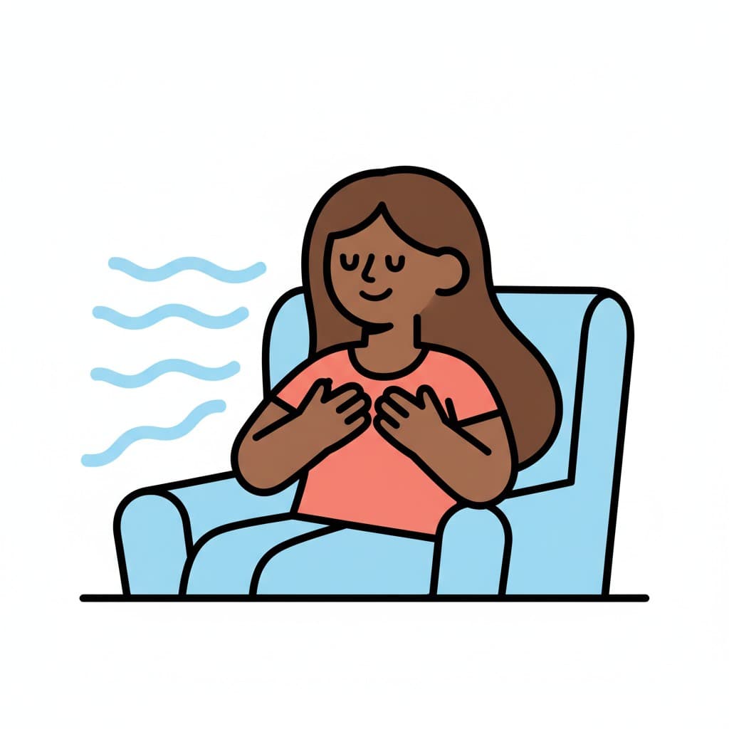 A person sits comfortably in an armchair with hands on their chest and eyes closed, with symbols indicating calm breathing or relaxation.