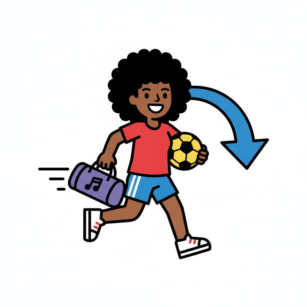 A person runs with a soccer ball and a sports bag. A curved blue arrow points downwards, symbolizing movement.