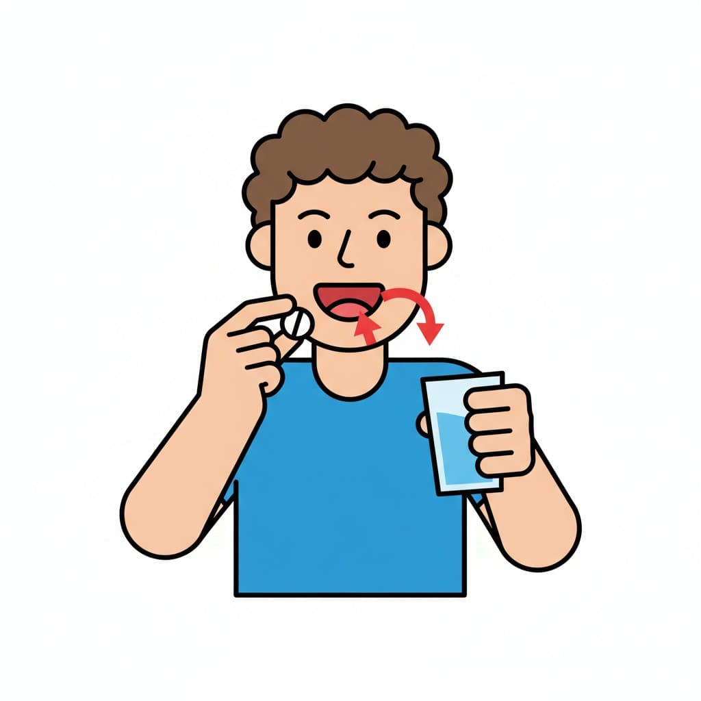 En person håller ett piller vid munnen med ena handen och ett glas vatten med den andra. Röda pilar indikerar sväljning.