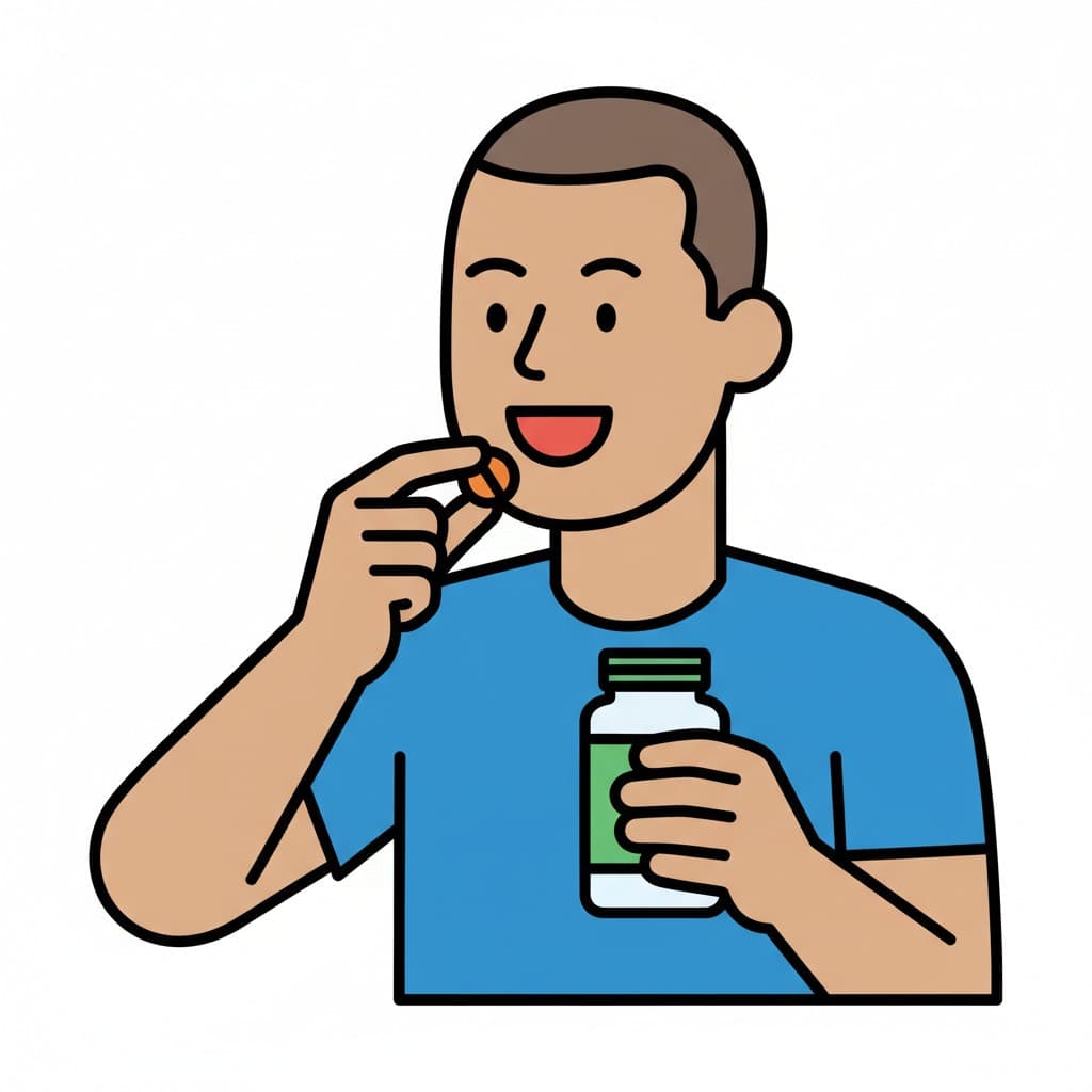 A person holding a vitamin bottle in one hand and putting a small, round vitamin into their mouth with the other hand.