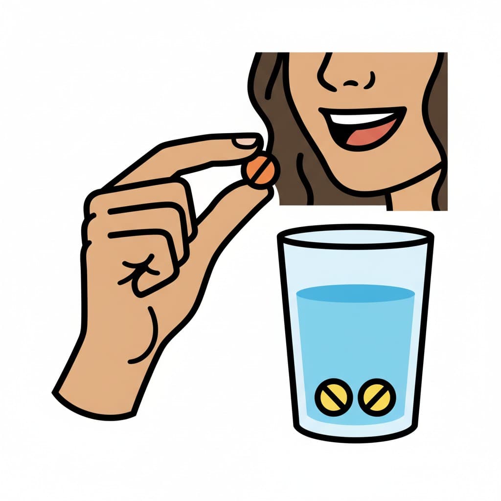 En illustration som visar en hand som håller en orange vitamin, ett ansikte med öppen mun och ett glas vatten med två gula piller i botten.