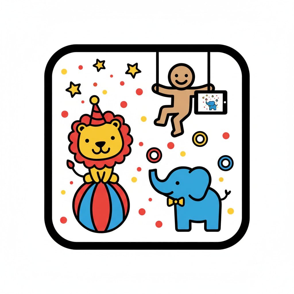En tegneseriefigur på trapez holder en tablet, der viser en elefant, mens en løve sidder på en bold og en elefant står ved siden af, alt i et cirkustema med stjerner og konfetti.