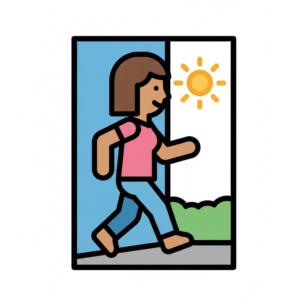 A person walks outdoors along a path in the sunshine with green bushes in the background.