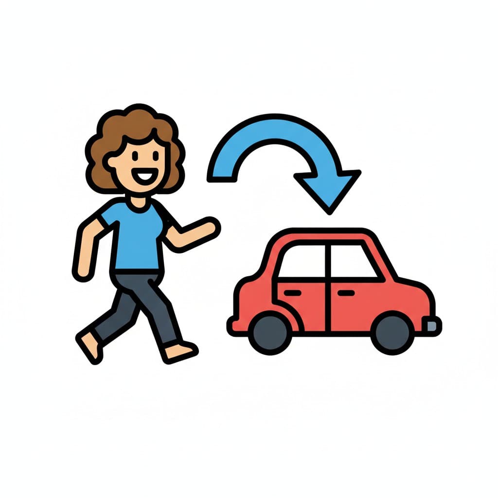A smiling person walks toward a red car with an arrow pointing to the car.